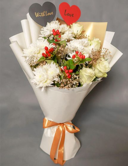 Elegant White and Red Bouquet | Flowers | Event decoration Services | flowers decoration near me | flower studio pakistan | bukey near me