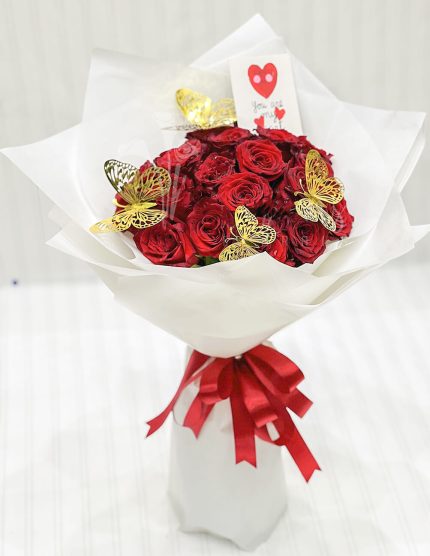 Red Rose Bouquet with Butterflies | Flowers | Event decoration Services | flowers decoration near me | flower studio pakistan | bukey near me