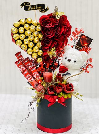 Red Rose and Chocolate Arrangement | Flowers | Event decoration Services | flowers decoration near me | flower studio pakistan | bukey near me