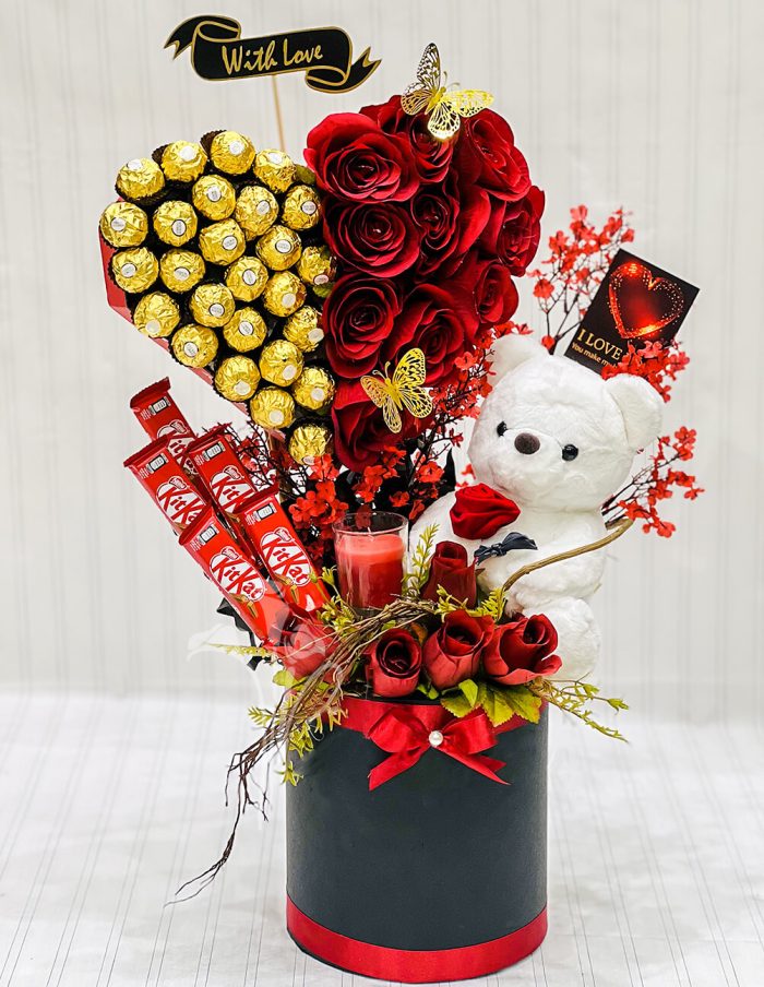 Red Rose and Chocolate Arrangement | Flowers | Event decoration Services | flowers decoration near me | flower studio pakistan | bukey near me