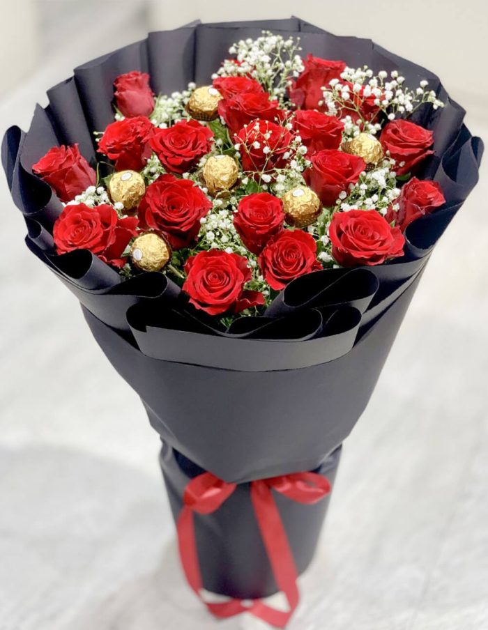 Romantic Red Rose and Chocolate Bouquet | Flowers | Event decoration Services | flowers decoration near me | flower studio pakistan | bukey near me Gift Basket