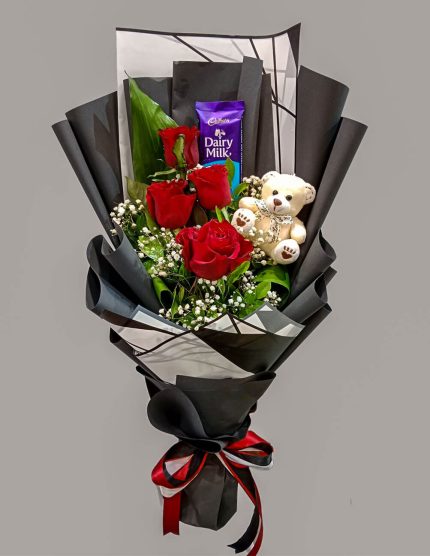 Romantic Red Rose and Teddy Bear Bouquet | Flowers | Event decoration Services | flowers decoration near me | flower studio pakistan | bukey near me