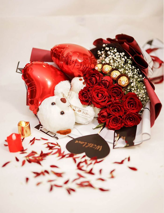 Romantic Teddy Bear and Chocolate Bouquet | Flowers | Event decoration Services | flowers decoration near me | flower studio pakistan | bukey near me