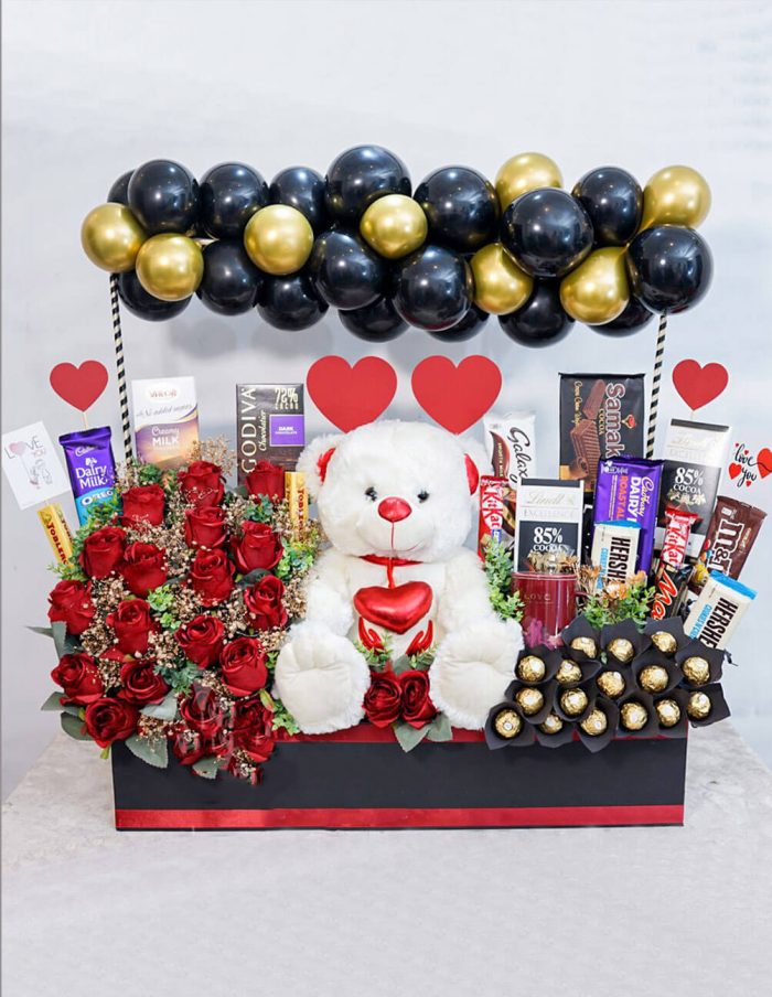 Romantic Valentine's Day Gift Basket | Flowers | Event decoration Services | flowers decoration near me | flower studio pakistan | bukey near me Gift Basket