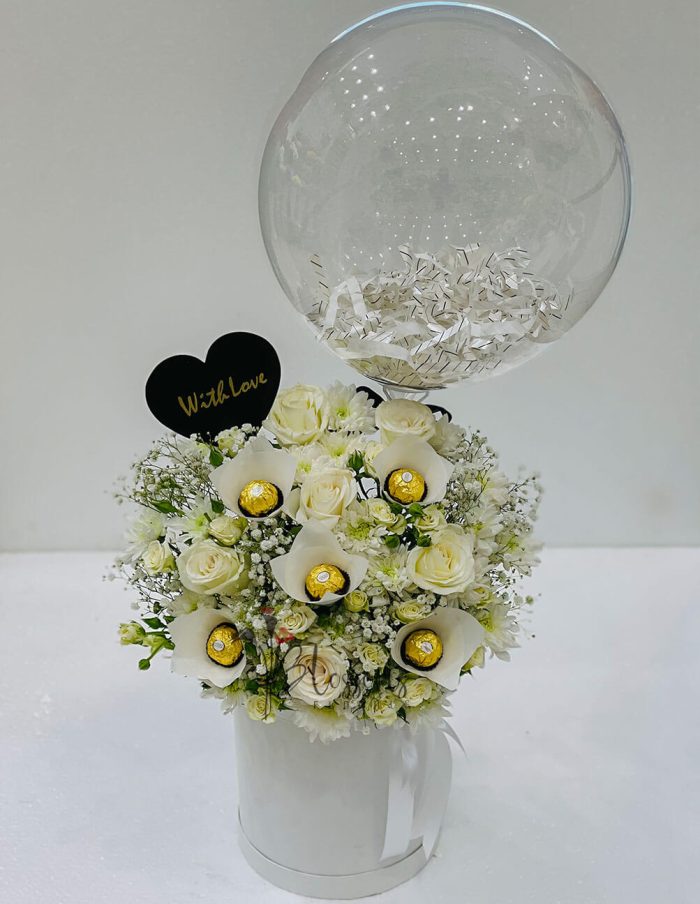 Romantic White Rose and Chocolate Bouquet | Flowers | Event decoration Services | flowers decoration near me | flower studio pakistan | bukey near me