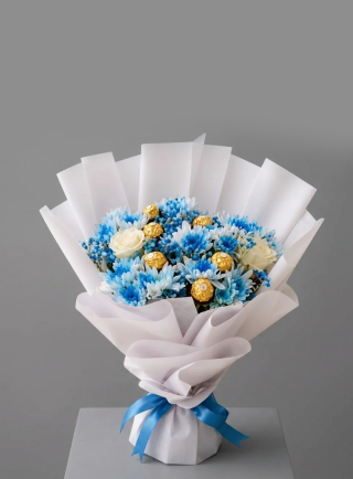 Blue Flowers & Chocolates Bouquet