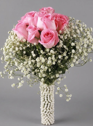 Pink Roses White Baby’s Breath  Bouquet