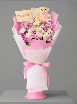Baby Girl Flower & Teddy Celebration Bouquet