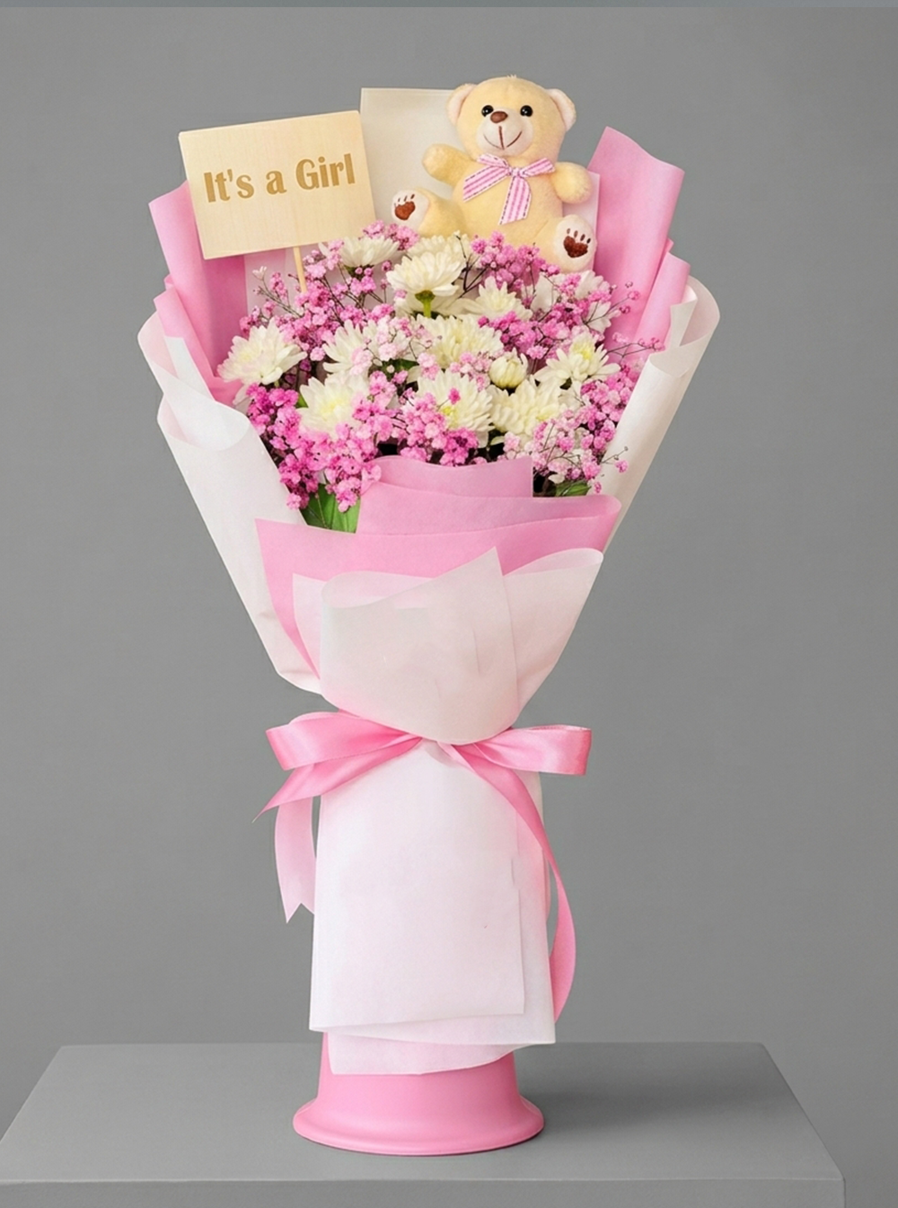 Baby Girl Flower & Teddy Celebration Bouquet