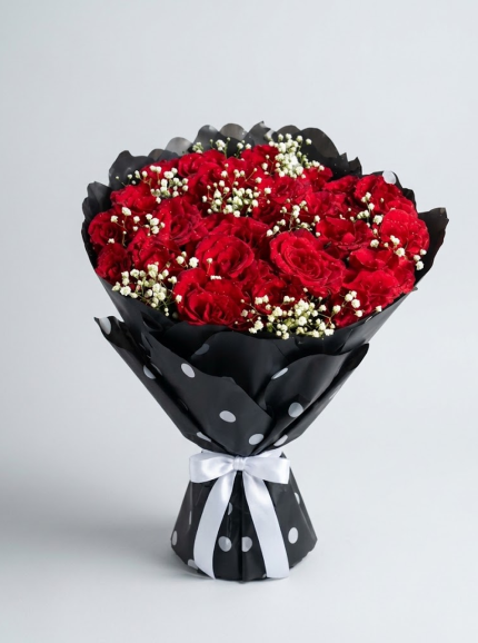 Fresh Red Rose Bouquet with Baby’s Breath