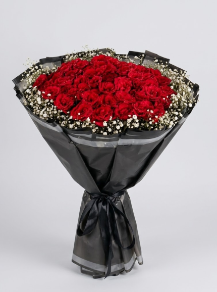 Red Rose Bouquet with White Baby’s Breath